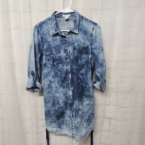 Dizzy Lizzy Blue Chambray Tie Dye Button Down Tunic Blouse Belted Grunge M - Picture 8 of 12